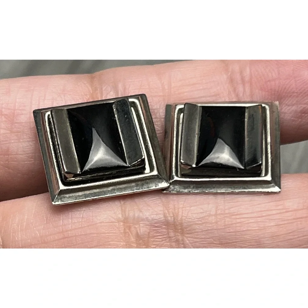 Mens Silver Tone Square Cufflinks Black Onyx Style Cabochon Dress‎ Shirt Pair